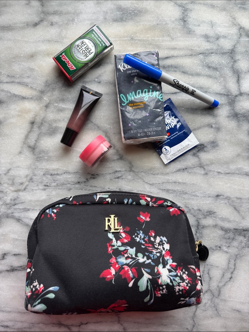 Ralph Lauren Black Floral Cosmetic Case with Gold Logo